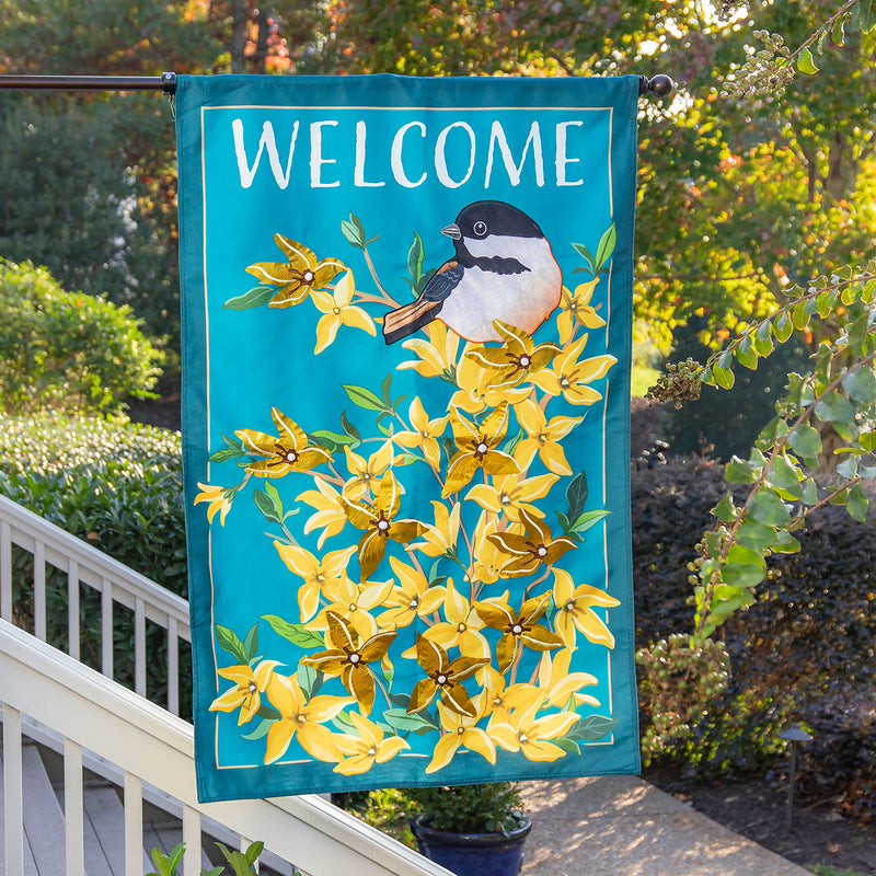 Evergreen Flag,Forsythia and Chickadee Estate Size Embellished Burlap Flag,36x0.08x54 Inches