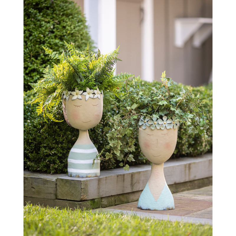 Metal Female Face Planter with Flower Head band, Set of 2,phc091
