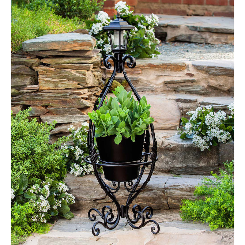 Evergreen Deck & Patio Decor,Black Wrought Iron Plant Stand with Solar Light,17x17x39.75 Inches