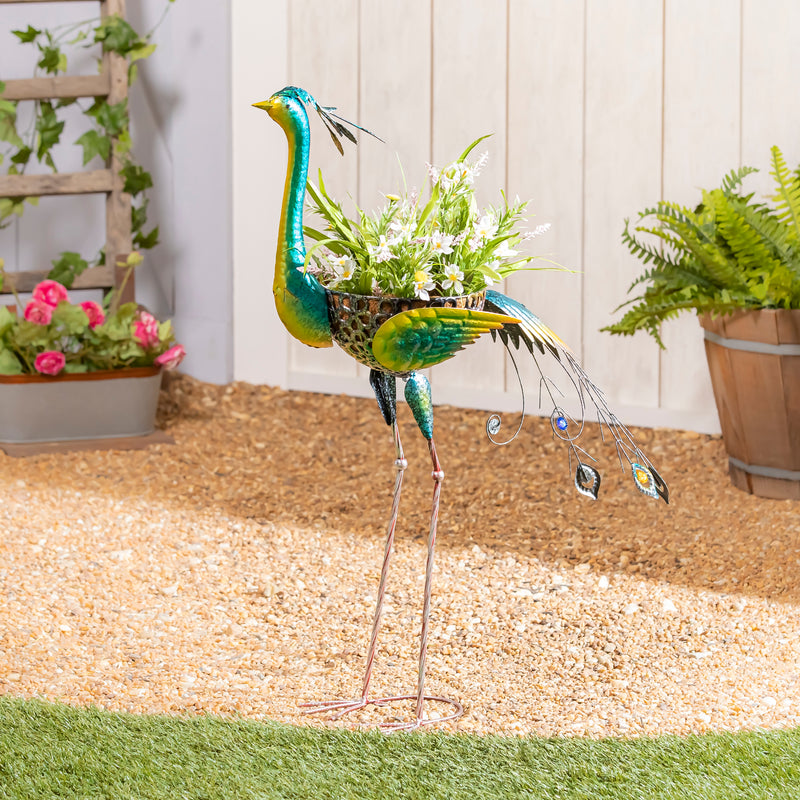 Evergreen Deck & Patio Decor,Metal Peacock Planter with cocoliner,11x29.5x37.4 Inches